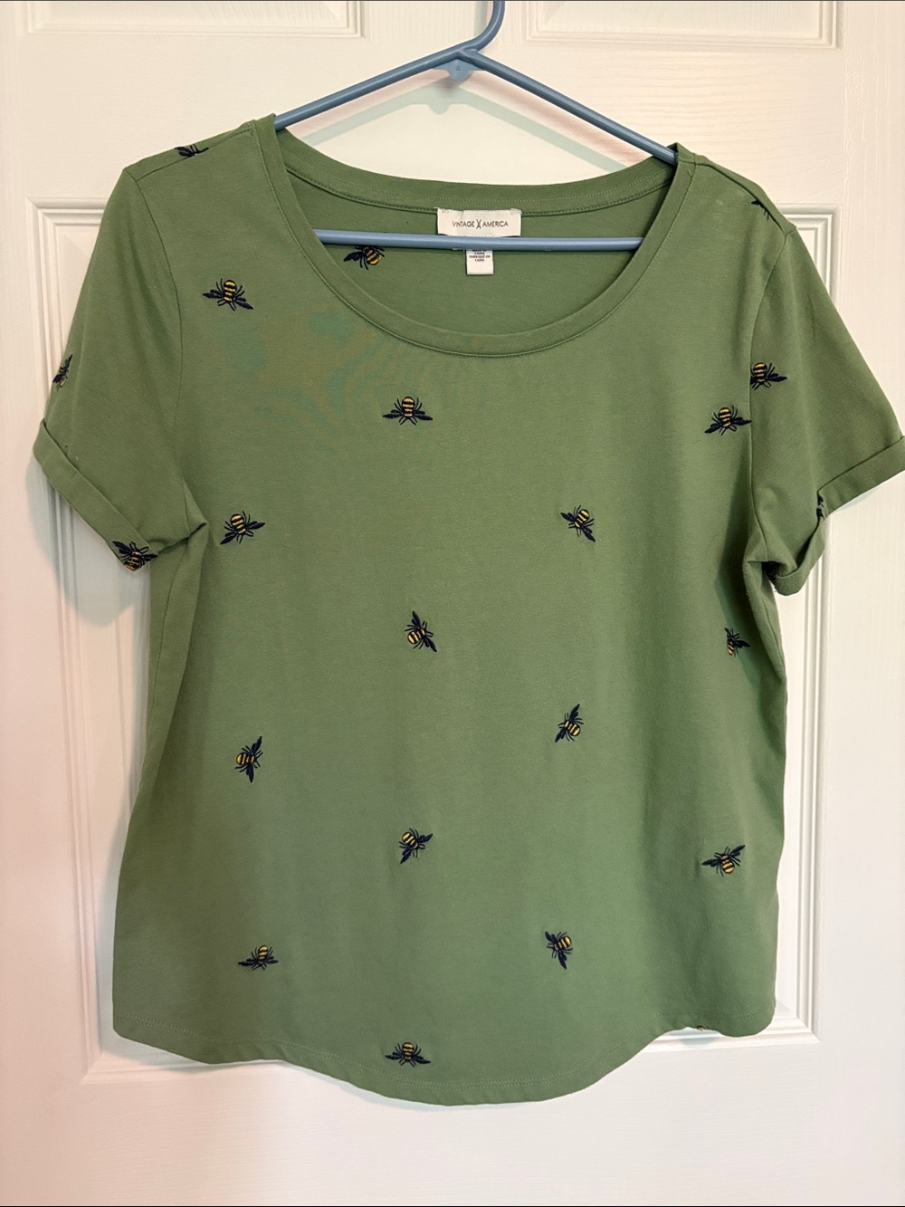 Vintage America Green Short Sleeve Tee with Bee Embroidery